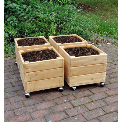 Jardinières carrées en bois à roulettes (4 pièces)